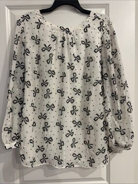 Talbots White Sheer Blouse with Black Bow Print